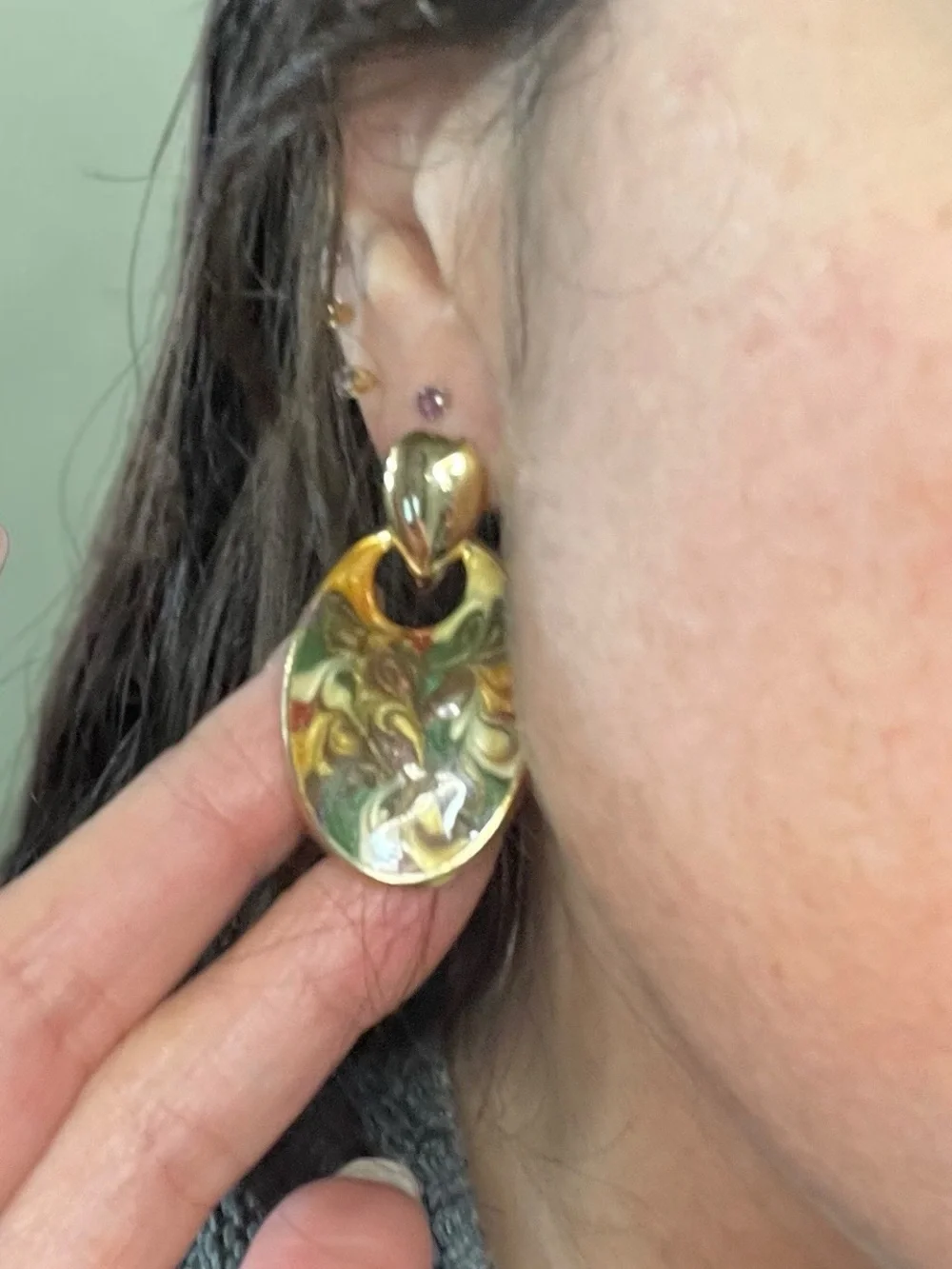 Vintage Gold Tone Marbled Enamel Door Knocker Earrings Fall Colors